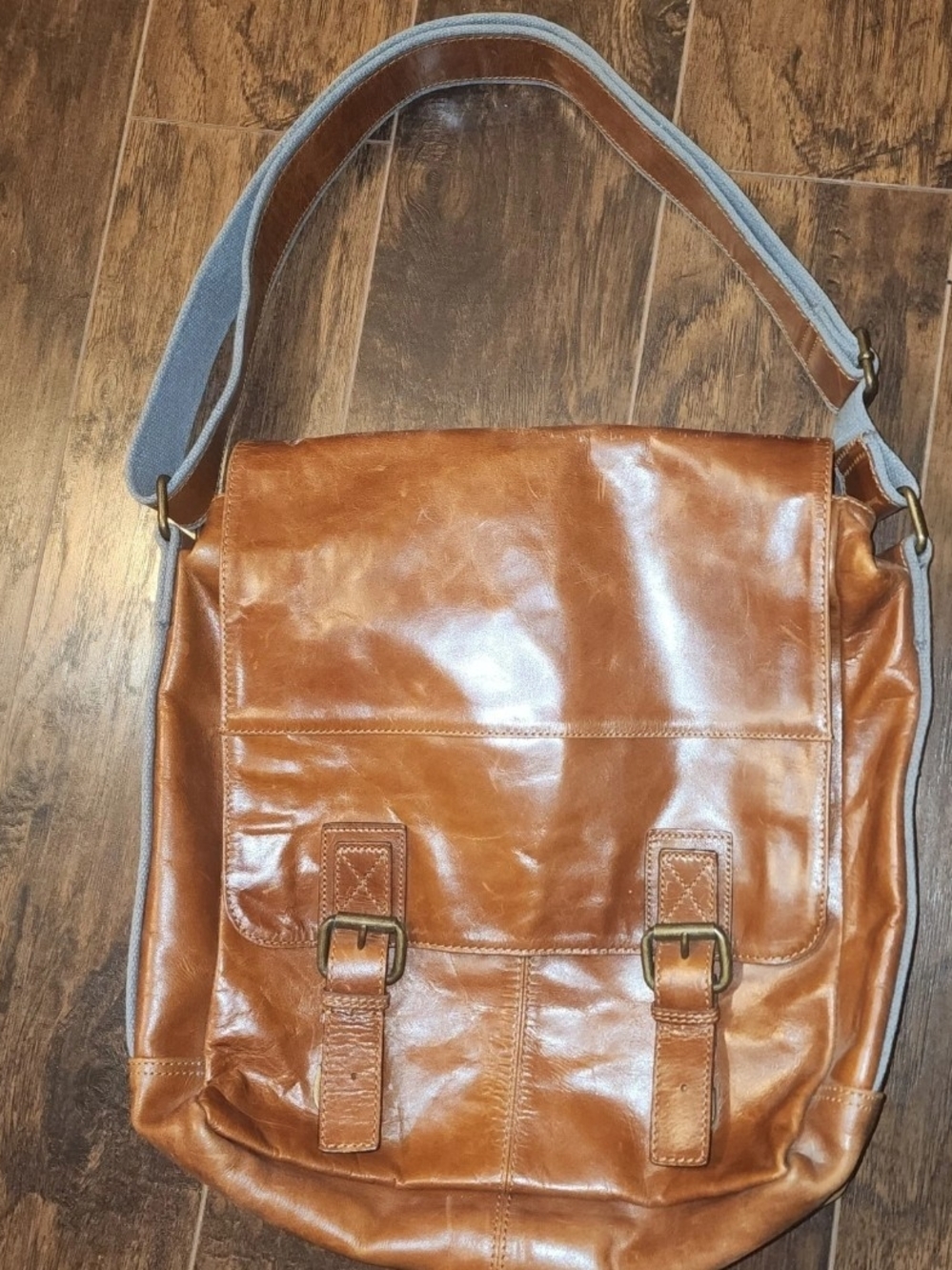 Fossil Cognac Leather Messenger Bag with Gray Strap